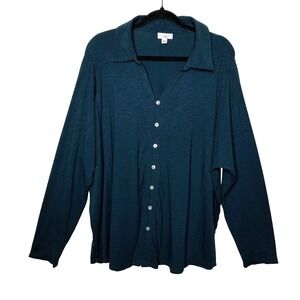J Jill Teal Green Long Sleeve Button Front Collared Top Tencel Cotton Blend XL